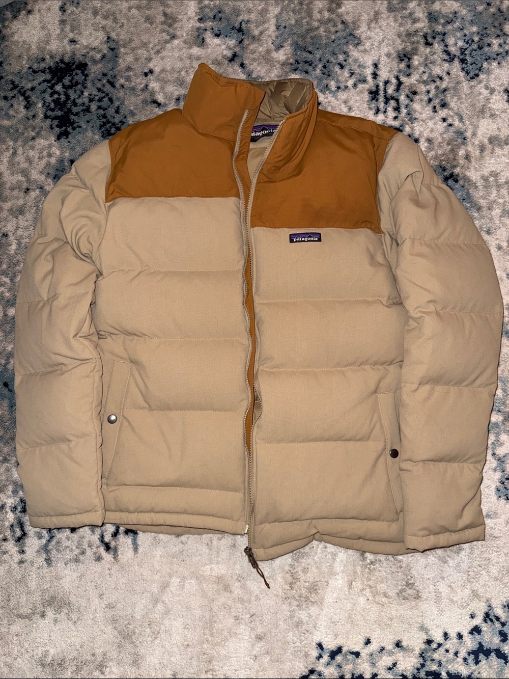 Patagonia Men’s Two-Tone Puffer Jacket in Tan and Brown